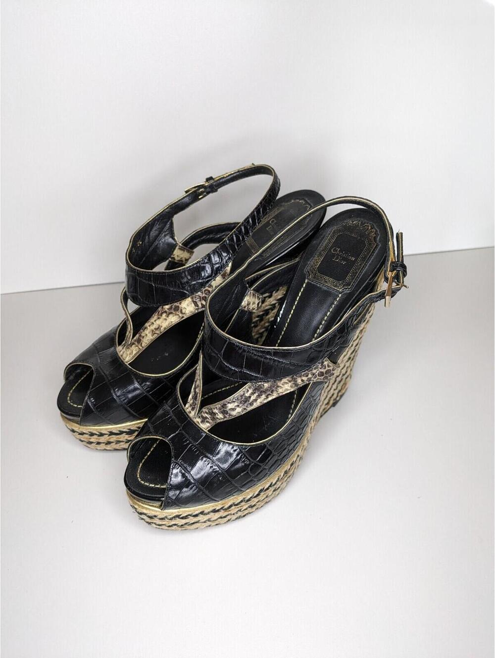 Christian Dior Black Beige Python Wedge Espadrille Sandals, Size 8.5 Womens Us